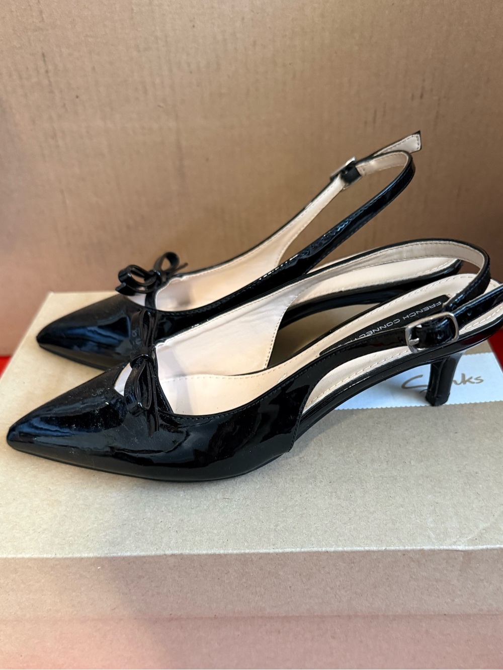 French Connection Black Patent Leather Slingback Kitten Heels Pointed Toe Pumps